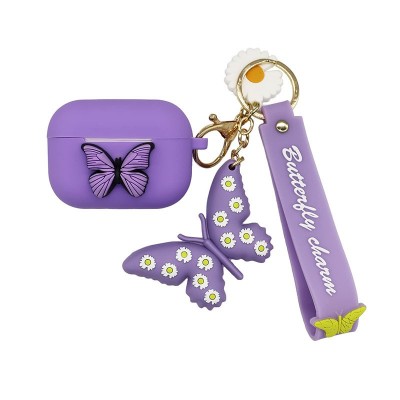 Bellissima custodia in gomma per Airpods Pro in PVC viola a forma di farfalla con portachiavi